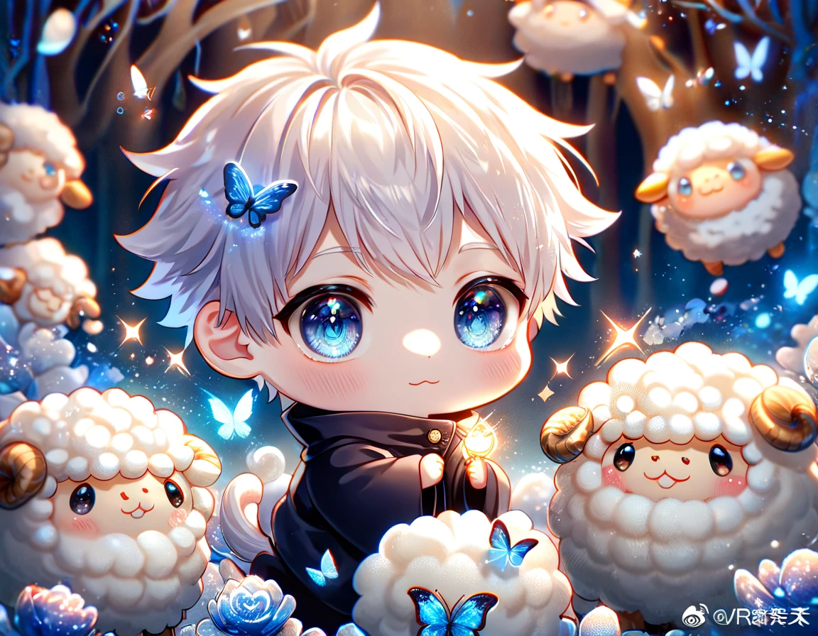 absurdres, highres, ultra detailed, HDR, master piece, best quality, extremely detailed, Gojou Satoru chibi, white hair, expressive blue eyes, white eyelashes, Jujutsu Kaisen, cute sheep, cute, small, solo, magical, fantasy, magic, blue forest, glittering, blue butterflies, blue petals, blue flowers