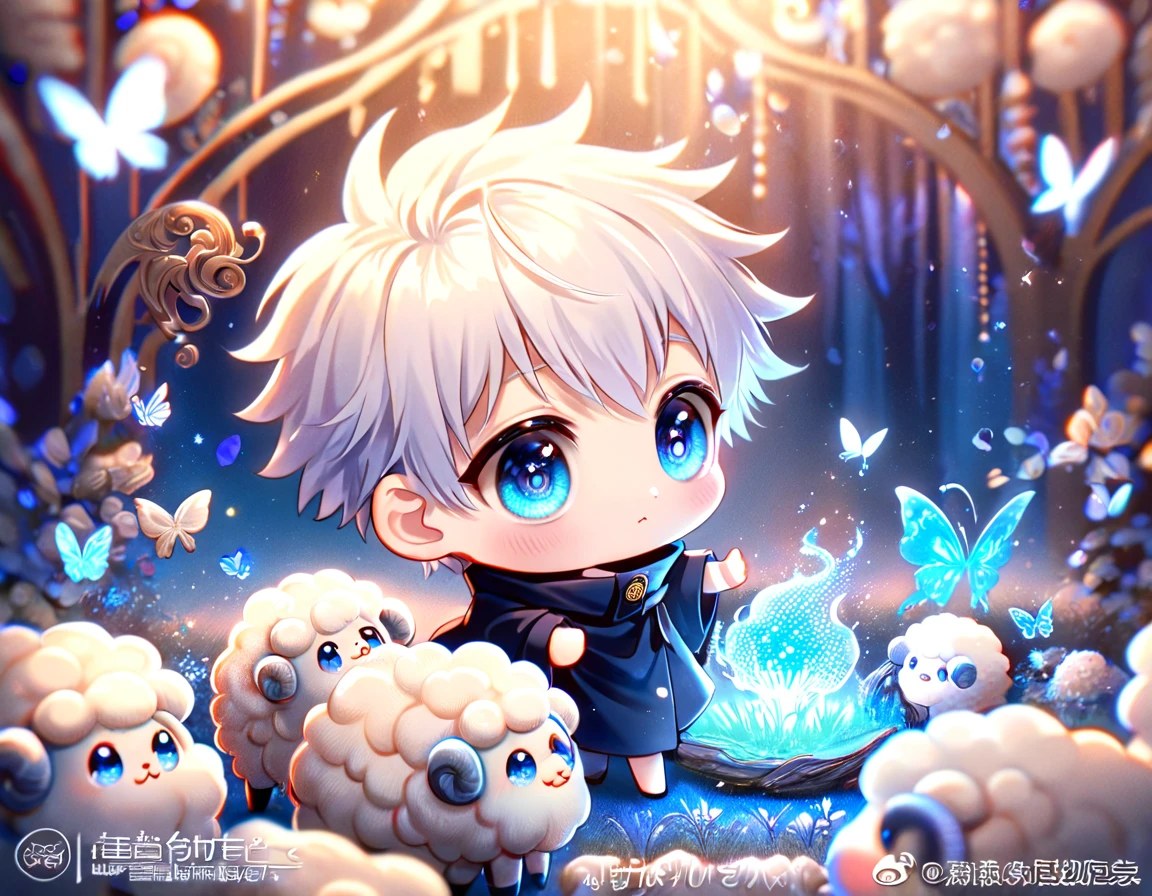 absurdres, highres, ultra detailed, HDR, master piece, best quality, extremely detailed, Gojou Satoru chibi, white hair, expressive blue eyes, white eyelashes, Jujutsu Kaisen, cute sheep, cute, small, solo, magical, fantasy, magic, blue forest, glittering, blue butterflies, blue petals, blue flowers