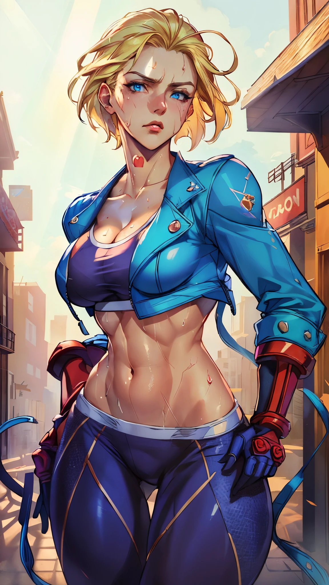 ((((masterpiece, best quality, high resolution)))), Extremely detailed 8K, 1 female, (Cammy White) wearing her Cammy White outfit, (Ultra HD, Ultra-detailed, Highly detailed, Highly realistic, Ultra-realistic, photograph realistic), (1girl:1.5), (Realistic short blond hair), (dynamic poses), facing at camera, looking at viewer, (a serious focus face), (regular blue eyes, sharp eyes), (perky breasts:1.2), (beautiful detailed face, beautiful detailed eyes), ((slightly sweating)), (preparing for a workout), sweat, glow, (sunbeam, sunlight), ((cowboy shot)), streets background, seductive, EnvyBetterHands LoCon,