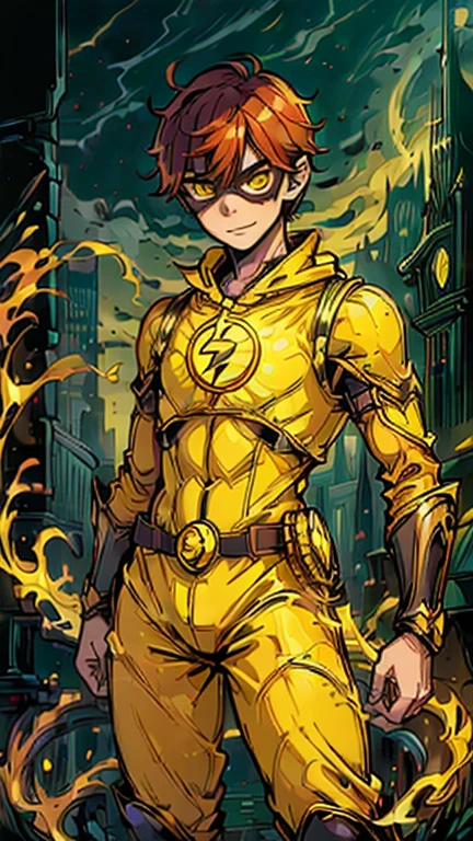 best quality,masterpiece,1boy,solo,(((13years old))),japanese boy,an extremely cute and handsome boy,highly detailed beautiful face and eyes,petit,cute face,lovely face,baby face,shy smile,show teeth,red hair,short hair,flat chest,skinny,slender(((wearing a yellow Kid Flash costume, yellow dominomask))),(((Heroic pose in Dark Midnight Fantasy style Gotham castle))),he is looking at the viewer,