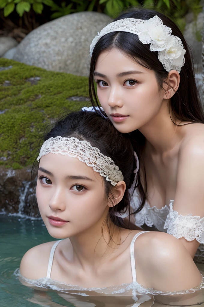 Highest quality, masterpiece, Ultra-high resolution, Supermodels bathing in Japanese hot springs, Outdoor hot spring, Stone hot spring, Moss and tree々Surrounded by, Super beautiful face, Pure Body, I can see my pores, (smile:0.8), Wearing split (Lace Headband:1.2), (realism:1.5), Original photo, Soaking wet, Sweaty, Exposing shoulders, In the Dark, Deep Shadow, Low Key, Cold Light