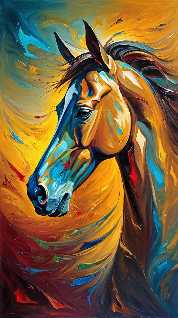 Award-winning photography abstract expressionist paintings (horse), hyperRealistic, Powerful brushwork, Bold colors, Abstract Form, Expressive, Emotional, Sharp focus, fractal, colorful, Sharp focus, Depth of written boundary, Highest quality, 16K resolution, RAW Photos, Realistic, Cinema Lighting, Soft Shadows, Sharp focus, fractal, colorful, Depth of written boundary, Highest quality, 16K resolution,, 