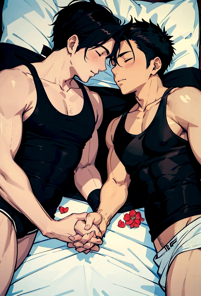 Two men lying on a bed and holding hands one is a slim toned Japanese guy in black tank top and the other Mexican guy in white tank top and stocky asleep in a bed with white sheets romantic sweet love 