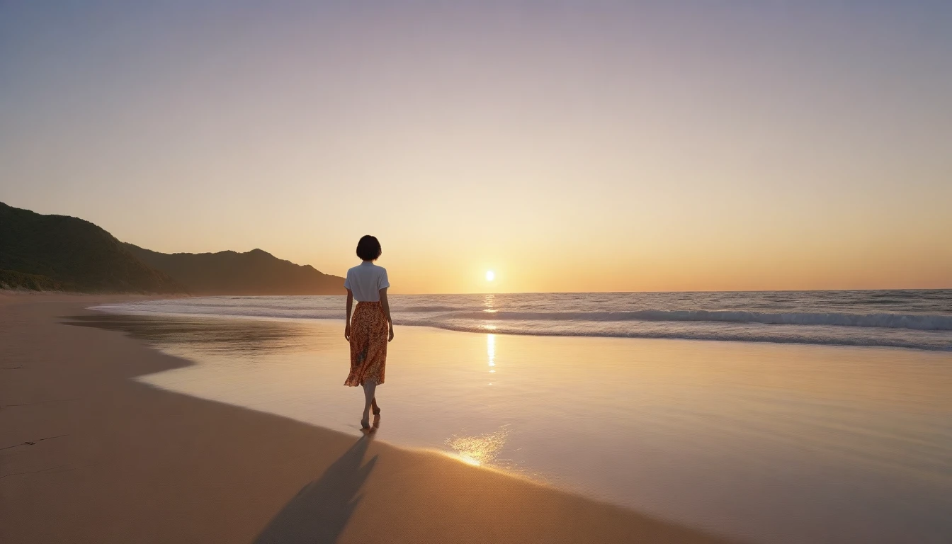8k realistic, lifelike photo, Realistic appearance of nature, , Woman walking along the beach at sunset. Viewed from a distance with a wide-angle lens , Front view of Asian woman wearing light skirt, burning sunset light, 1 woman, Short hair