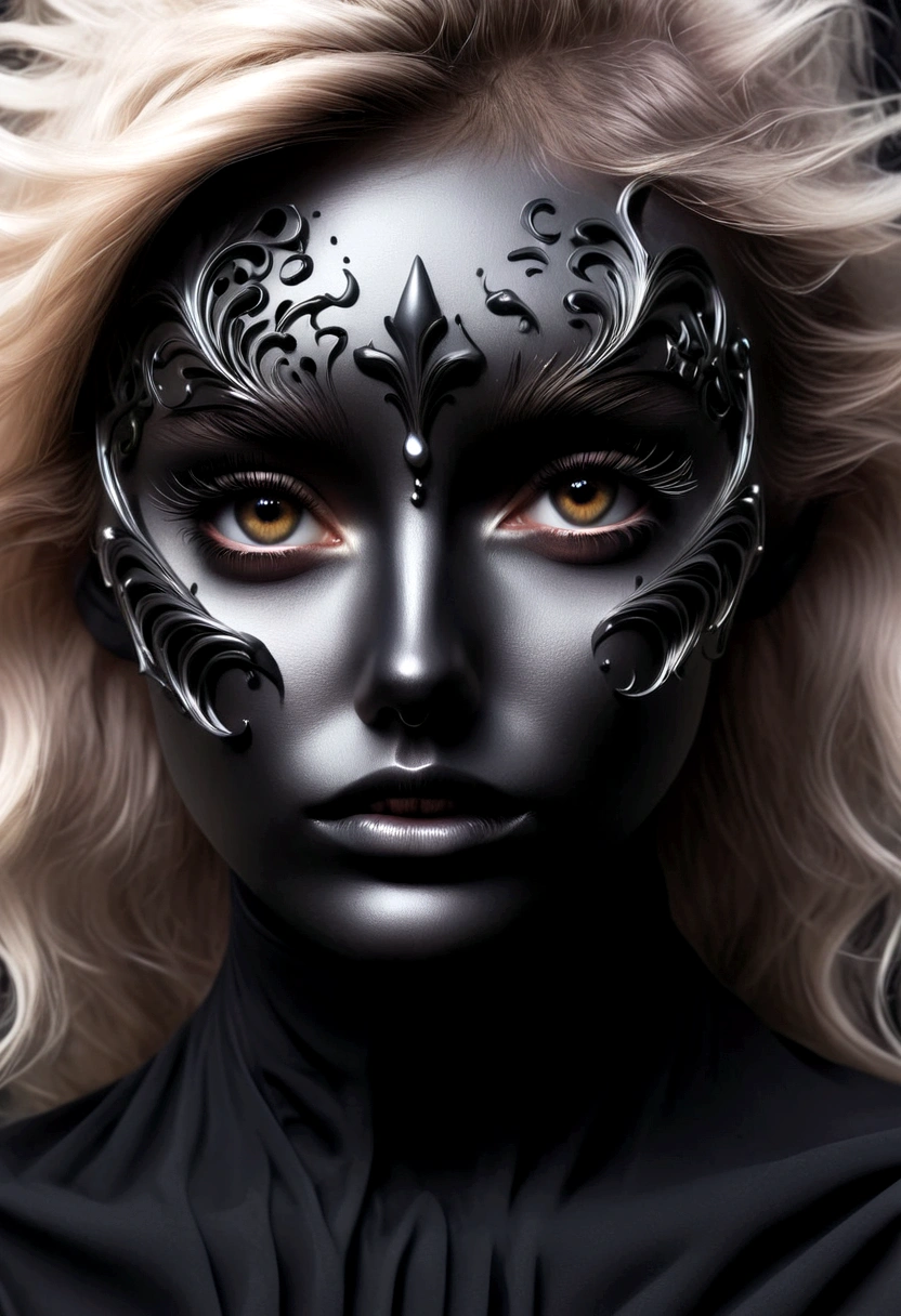 "Create a captivating scene where a stunning woman, her eyes sparkling with intelligence and grace, stands before a mesmerizing display of Ferrofluid. The dual masks she wears, a blend of protection and style, add an intriguing layer to her enigmatic presence. As she delicately interacts with the Ferrofluid, it responds to her touch, forming elegant, fluid patterns that mirror her movements. This composition captures the harmonious fusion of science and beauty, highlighting the importance of safeguarding both our health and our aesthetic expression in today's world."