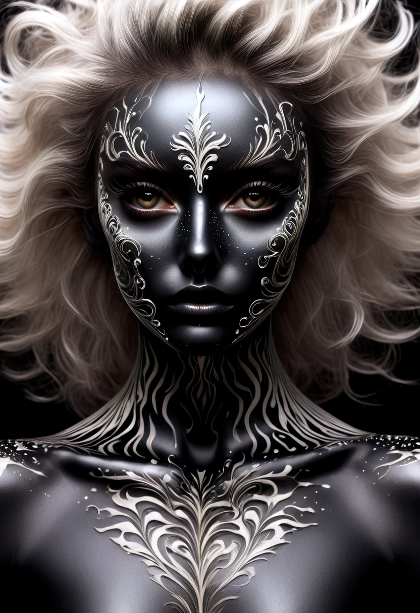 "Create a captivating scene where a stunning woman, her eyes sparkling with intelligence and grace, stands before a mesmerizing display of Ferrofluid. The dual masks she wears, a blend of protection and style, add an intriguing layer to her enigmatic presence. As she delicately interacts with the Ferrofluid, it responds to her touch, forming elegant, fluid patterns that mirror her movements. This composition captures the harmonious fusion of science and beauty, highlighting the importance of safeguarding both our health and our aesthetic expression in today's world."