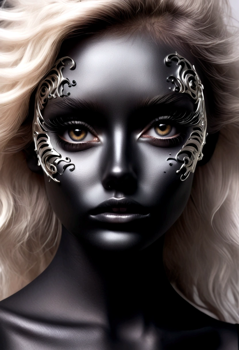 "Create a captivating scene where a stunning woman, her eyes sparkling with intelligence and grace, stands before a mesmerizing display of Ferrofluid. The dual masks she wears, a blend of protection and style, add an intriguing layer to her enigmatic presence. As she delicately interacts with the Ferrofluid, it responds to her touch, forming elegant, fluid patterns that mirror her movements. This composition captures the harmonious fusion of science and beauty, highlighting the importance of safeguarding both our health and our aesthetic expression in today's world."