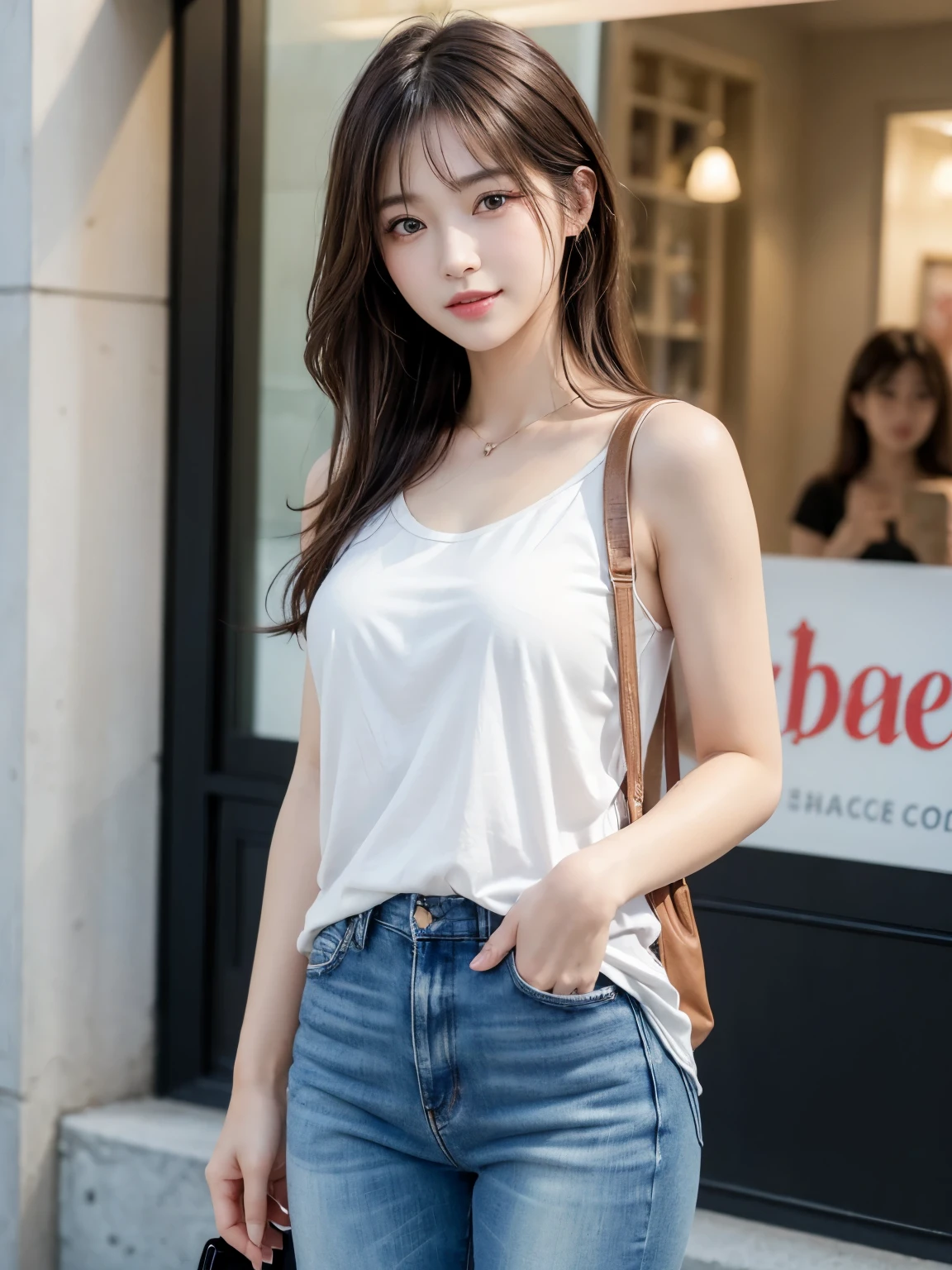 ((masterpiece: 1.3),8K, Realistic, RAW Photos, Highest quality: 1.4), (One Girl), beautiful顔, (Realistic Face), (Brown long hair: 1.3), In front of the cafe、I can see the cafe sign、(((jeans、White T-shirt、A black pochette slung over the shoulder)))、Perfect dynamic composition,(High quality with attention to detail, Realistic depiction of eyes:1.3)、whole body、The whole is facing forward、21talent、beauty、Well-formed face、Bangedium Build、Balanced ratio、beautiful足、Fresh face、beautiful景色、beautifulヘアスタイル, (bangs), (smile), smile, Realistic eyes, Gloss, highlight, highlight in the Eyes, eyelash, 目の中のbeautifulディテール, (Realistic Skin), Shooting from the air、beautiful肌, Transparency、(beautiful)、 bust, smile, teeth, Confused, charm, 超High resolution, Ultra-realistic, High resolution, Golden Ratio, Clear eyes, Wet, Mole, Looking into the camera, ear, Shine, Long neck, double eyelid, Big eyes, cheek, kind character, charm personality, kind, Move, 圧倒的なcharm, bright personality