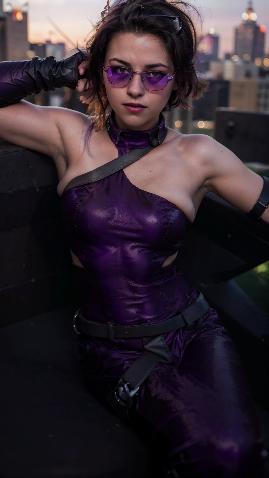 (masterpiece), (photorealistic1.4), (1 girl), (solo), (best quality), (epiCRealLife), (Kate Bishop long hair), (sleeveless top), (kateb2023 black utility belt), (kateb2023 purple costume), (purple pants) (kateb2023 purple sleevless bodysuit), (kst3w),(white scarf), (kateb2023 purple sunglasses) (bare shoulder), (night time), (black boot), (elbow gloves), (abs), (flash photography), (flashphoto), (outdoor), (new york view), (at night), (black boots), (look at viewers),(light smile), (on city rooftop), (sitting poses)