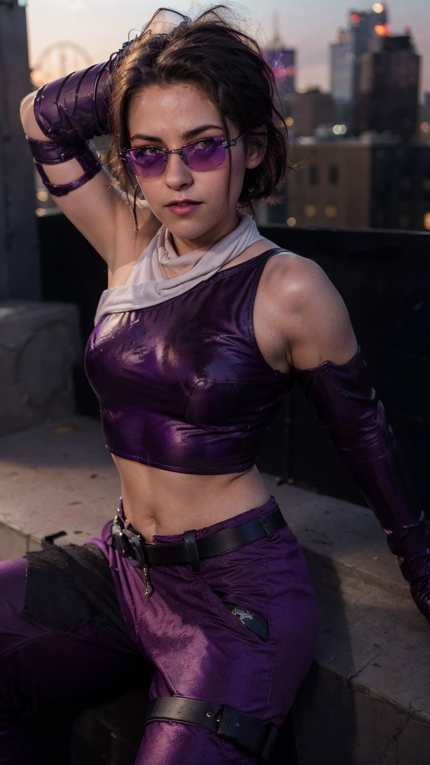 (masterpiece), (photorealistic1.4), (1 girl), (solo), (best quality), (epiCRealLife), (Kate Bishop long hair), (sleeveless top), (kateb2023 black utility belt), (kateb2023 purple costume), (purple pants) (kateb2023 purple sleevless bodysuit), (kst3w),(white scarf), (kateb2023 purple sunglasses) (bare shoulder), (night time), (black boot), (elbow gloves), (abs), (flash photography), (flashphoto), (outdoor), (new york view), (sunset), (black boots), (look at viewers),(light smile), (on city rooftop), (sitting poses), (close up)