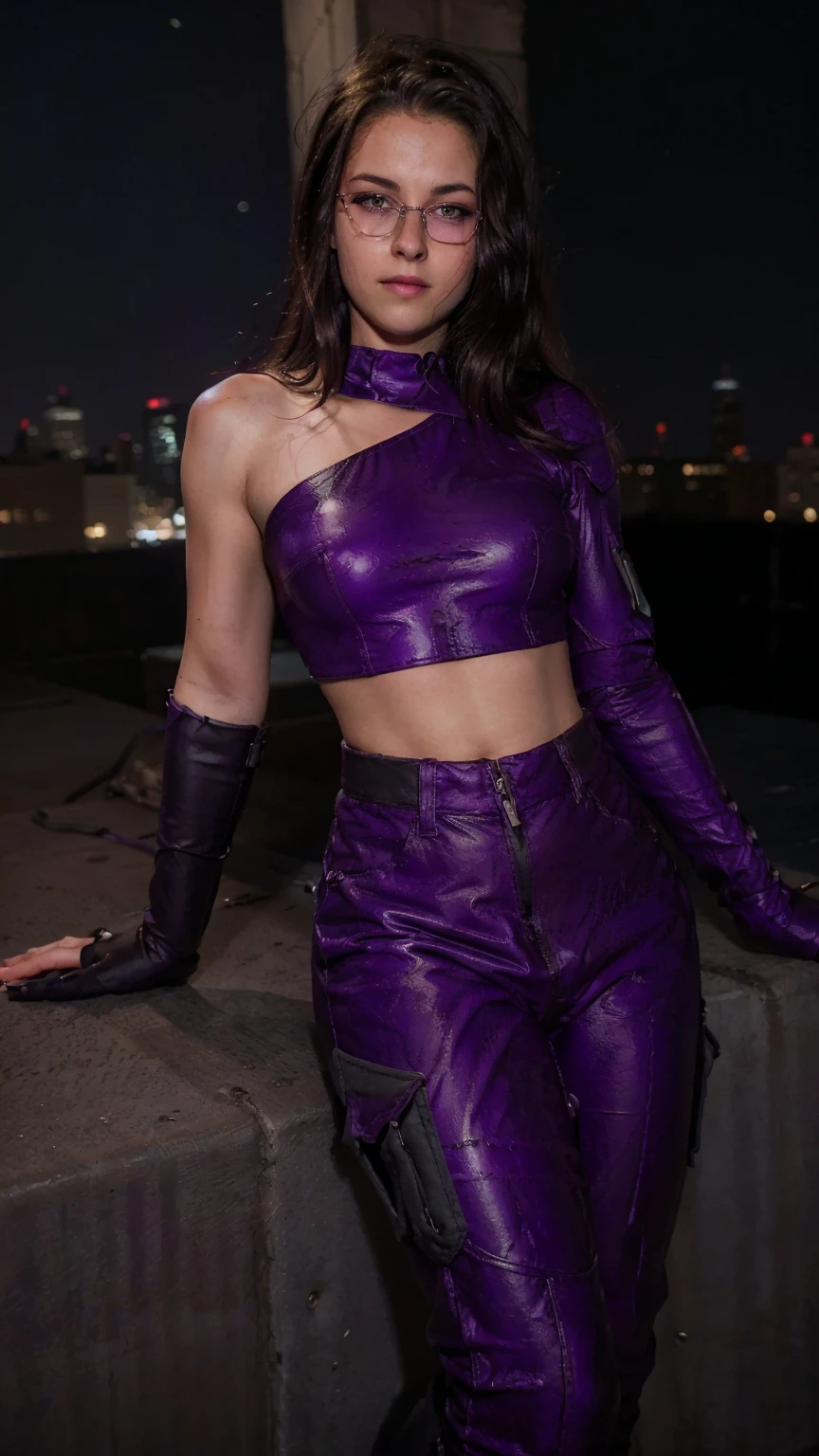 (masterpiece), (photorealistic1.4), (1 girl), (solo), (best quality), (epiCRealLife), (Kate Bishop long hair), (sleeveless top), (kateb2023 black utility belt), (kateb2023 purple costume), (purple pants) (kateb2023 purple sleevless bodysuit), (kst3w),(white scarf), (kateb2023 purple sunglasses) (bare shoulder), (night time), (black boot), (elbow gloves), (abs), (flash photography), (flashphoto), (outdoor), (new york view), (at night), (black boots), (look at viewers),(light smile), (on city rooftop), (sitting poses)