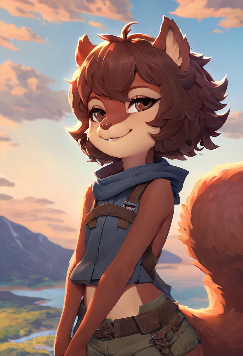 Best quality, Super detailed illustration, (fluffy squirrel boy:1.4) , feminine face and body, disheveled thick hair, Adventurer Equipment,  smug smile, Half-closed eyes , Femboy, small waist, wide hips, Slim, Perfect body, DND style