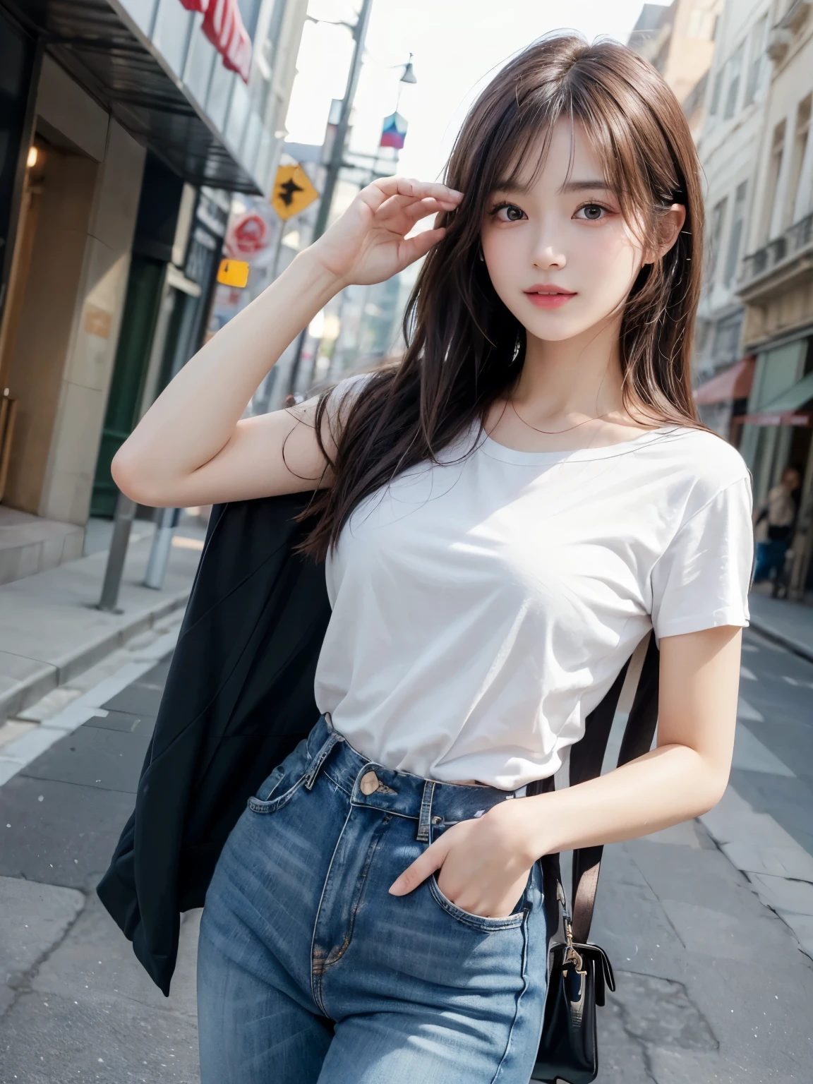 ((masterpiece: 1.3),8K, Realistic, RAW Photos, Highest quality: 1.4), (One Girl), beautiful顔, (Realistic Face), (Brown long hair: 1.3), In front of the cafe、I can see the cafe sign、(((jeans、White T-shirt、A black pochette slung over the shoulder)))、Perfect dynamic composition,(High quality with attention to detail, Realistic depiction of eyes:1.3)、whole body、The whole is facing forward、21talent、beauty、Well-formed face、Bangedium Build、Balanced ratio、beautiful足、Fresh face、beautiful景色、beautifulヘアスタイル, (bangs), (smile), smile, Realistic eyes, Gloss, highlight, highlight in the Eyes, eyelash, 目の中のbeautifulディテール, (Realistic Skin), Shooting from the air、beautiful肌, Transparency、(beautiful)、 bust, smile, teeth, Confused, charm, 超High resolution, Ultra-realistic, High resolution, Golden Ratio, Clear eyes, Wet, Mole, Looking into the camera, ear, Shine, Long neck, double eyelid, Big eyes, cheek, kind character, charm personality, kind, Move, 圧倒的なcharm, bright personality