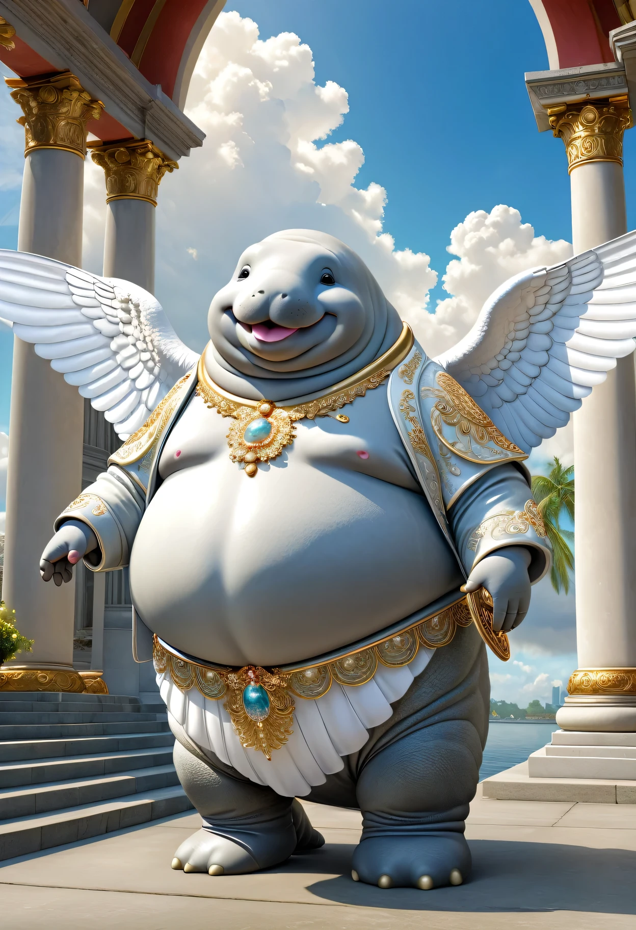  photorealistic portrait of Dressed animals-a ((fat)) ((manatee)) angel,(), (elegant pose:1.5), (hands on hips:1.5),(smile:1.5),high quality,(angel wings),(lovely) ,intricate details, Wearing angel clothes , (angel's ring above head), highly detailed ((angel wings)) ,highly detailed decorations of clothes, angel boots , (happy), soft lighting,(full body image:2.0),holy temple background,clouds,score_9, score_8_up, score_7_up, score_6_up, score_5_up, score_4_up,