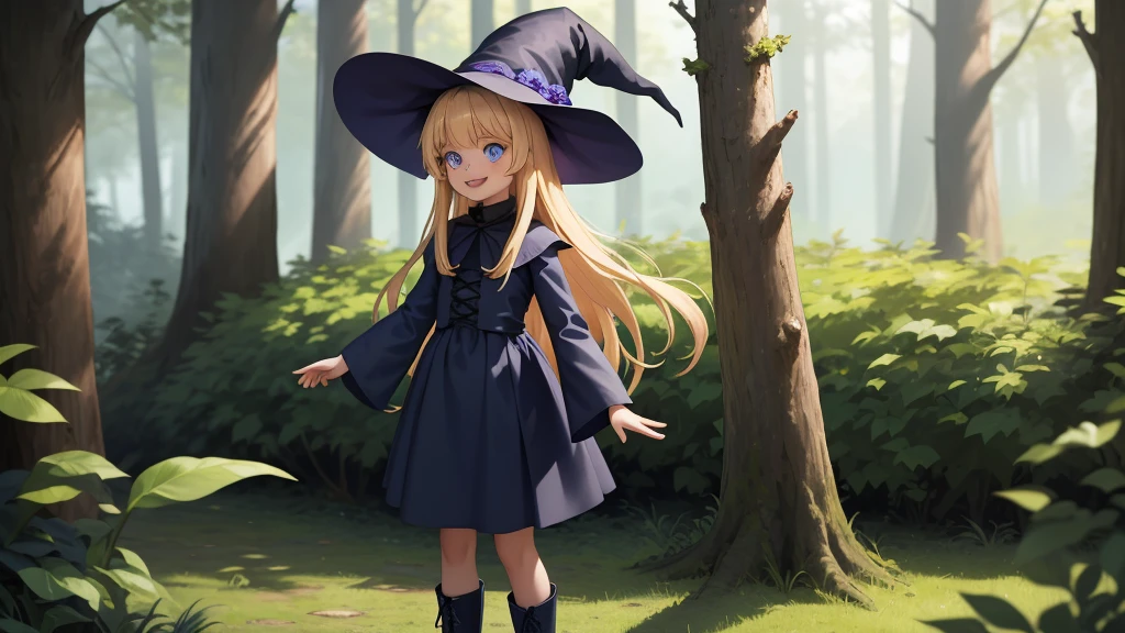 masterpiece, taller than,Very detailed, Absurd, witch, 8-year-old, girl,  alone, Blonde, Long Hair,  blue eyes, Blue Boots, Long sleeve,Have,in the forest, smile,Open your mouth,