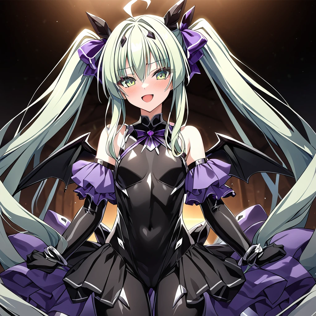 ((Highest quality)), ((masterpiece)), (detailed), (Perfect Face)、The woman is a naked demon queen, Devil Queen Extia Flora, wearing a shiny black full-body bodysuit decorated with gold, a sexy female demon, Devil Queen Extia Flora、The woman is a female demon with magnificent devil horns, jet black devil wings, and a jet black tail. She is looking at the camera with a happy expression on her face. Her name is Extia Flora, and she has light green, semi-long hair in twin tails and the expression of a girl in love.、The woman is Extia Flora