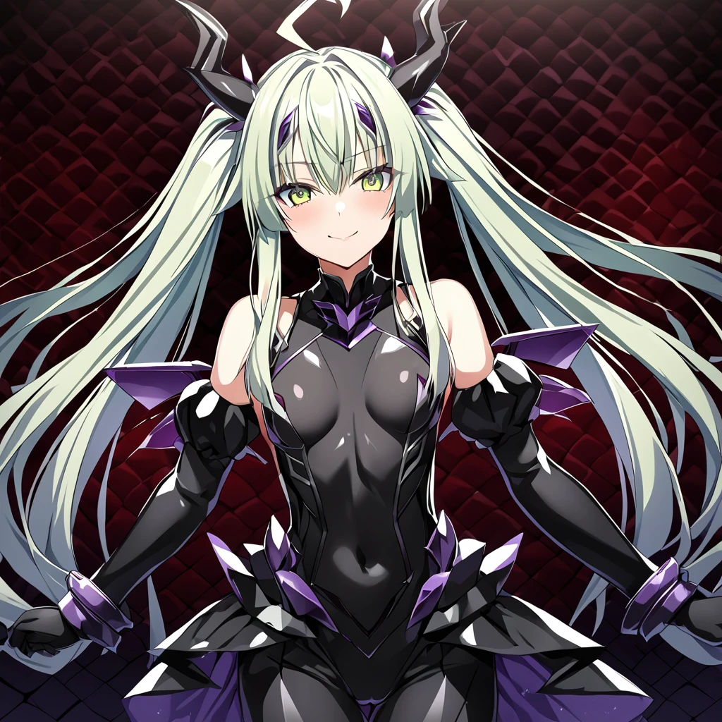 ((Highest quality)), ((masterpiece)), (detailed), (Perfect Face)、The woman is a naked demon queen, Devil Queen Extia Flora, wearing a shiny black full-body bodysuit decorated with gold, a sexy female demon, Devil Queen Extia Flora、The woman is a female demon with magnificent devil horns, jet black devil wings, and a jet black tail. She is looking at the camera with a happy expression on her face. Her name is Extia Flora, and she has light green, semi-long hair in twin tails and the expression of a girl in love.、The woman is Extia Flora
