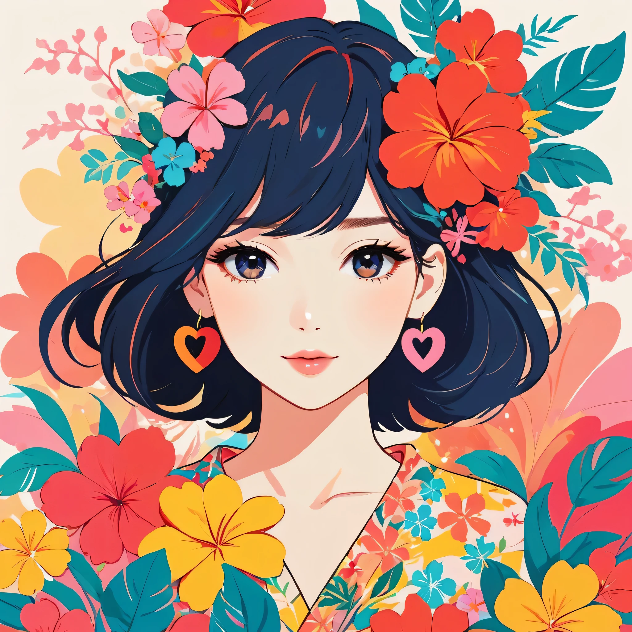 Mika Pikazo style, Simple Line Initialism，Abstract art，stylish Design, The most beautiful girl of all time, The background hawaii, colorful hearts, colorful flowers,