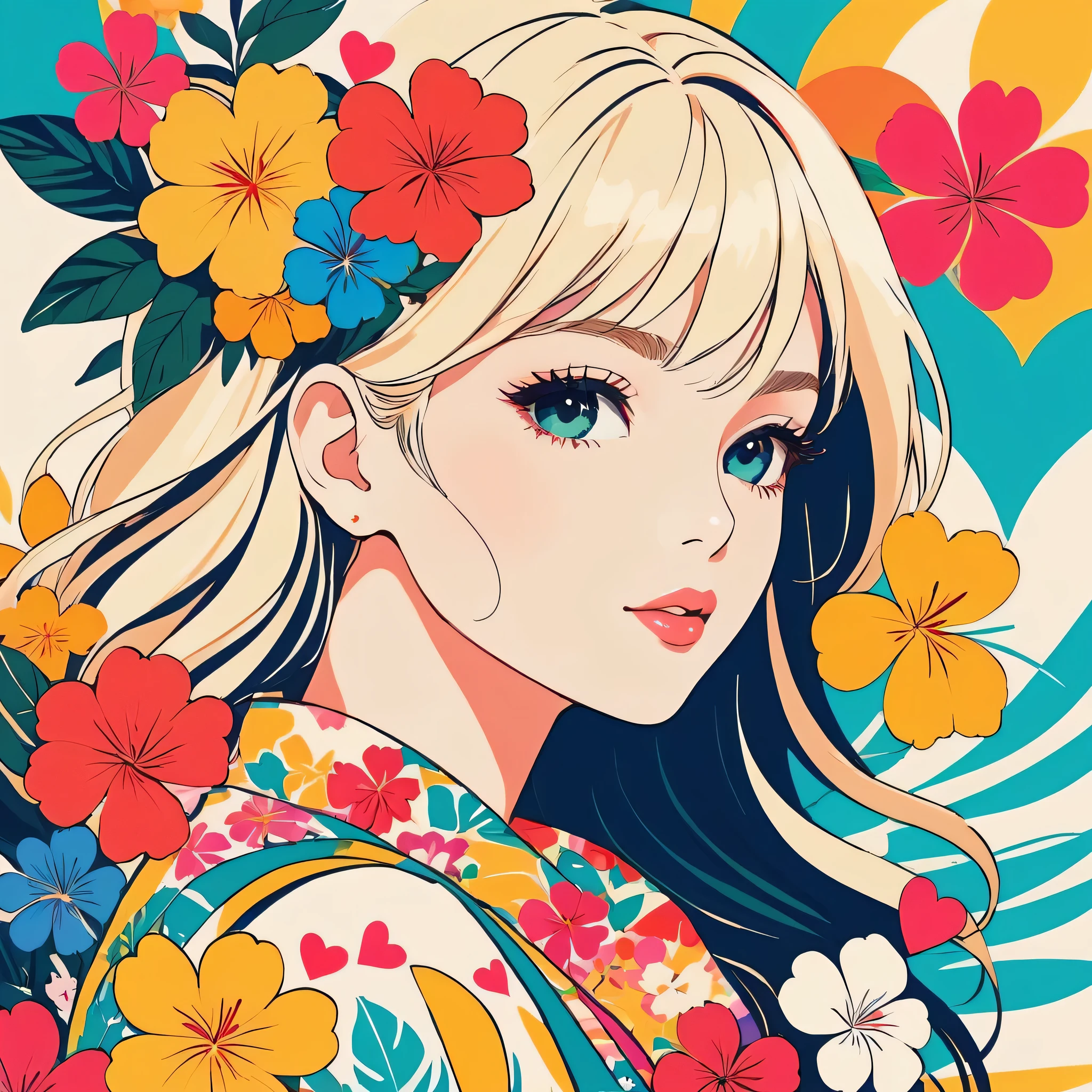 Mika Pikazo style, Simple Line Initialism,Abstract art,stylish Design, The most beautiful girl of all time, The background hawaii, colorful hearts, colorful flowers,
