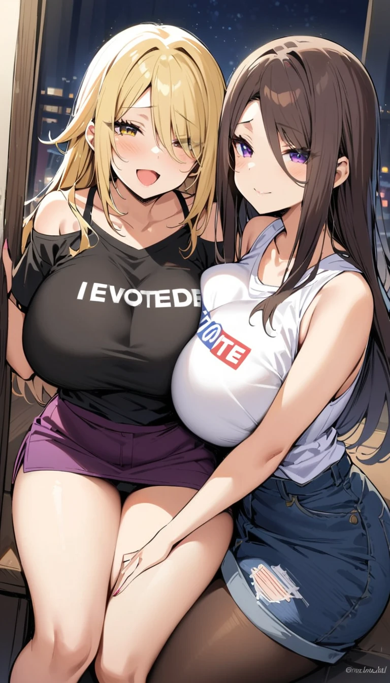 ((Best Quality)), ((Masterpiece)), (detailed), 2 girl, dark brown hair, wide, yellow eyes, blue-stitched eyelids, big breasts, big thighs, I expressed a flirtatious smile, black sweater, shoulders flat, short jeans, Pastel yellow hair, long hair, hair covers one eye, purple eyes, big breasts, big thighs, I expressed smiling, Open mouth, blushing, white vote t-shirt, purple skirt, brown pantyhose, en la ciudad de noche, mirando al espectador