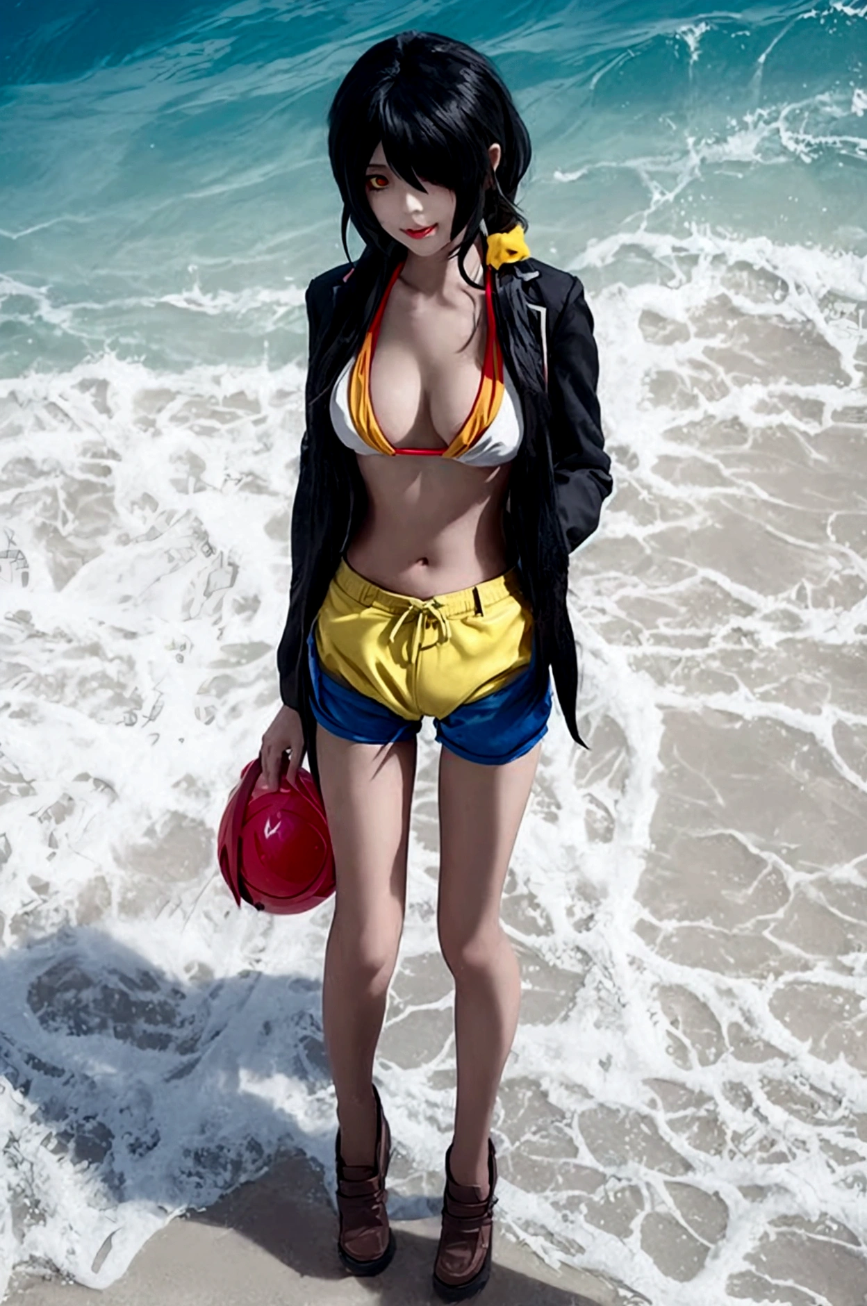 ultra-detailed,highly detailed,best quality,masterpiece,illustration,realistic, photo,photorealistic,
1girl, ((tokisaki kurumi)), cosplay, hair over one eye, (right red eye, left yellow eye), looking at viewer, happy girl, ponytail, ((bikini)), (((hotpants))), hair rings, loafers,
(Outdoors), walking, ((beach))
