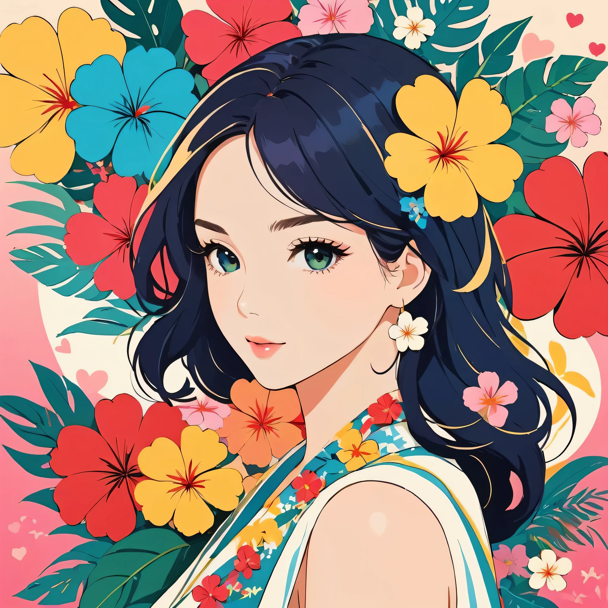 Mika Pikazo style, Simple Line Initialism,Abstract art,stylish Design, The most beautiful girl of all time, The background hawaii, colorful hearts, colorful flowers,