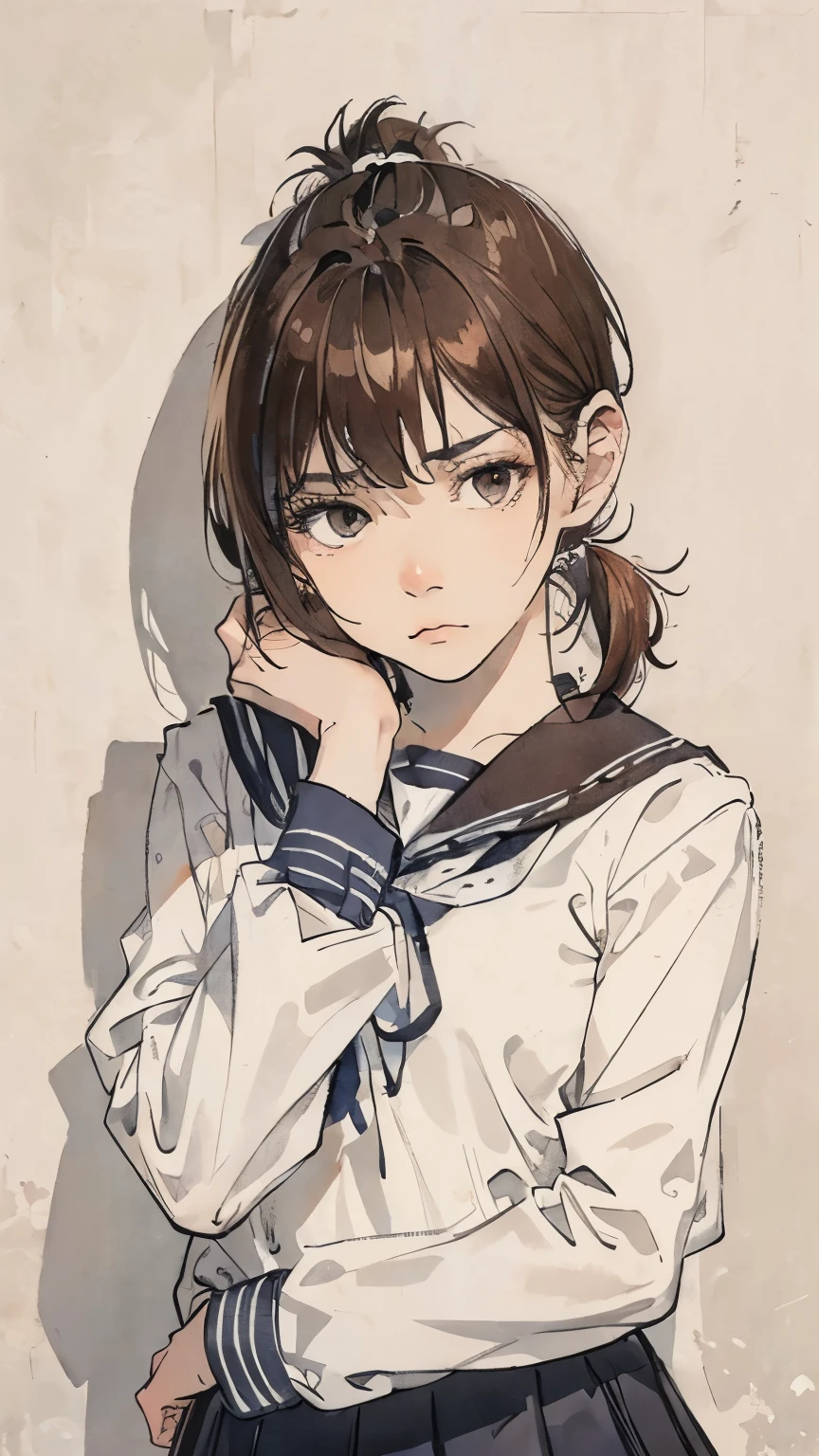 (Highest quality、8K、32k、masterpiece)、(Realistic)、(Realistic:1.2)、(High resolution)、Very detailed、Very beautiful face and eyes、1 Girl、Round and small face、Tight waist、Delicate body、(Highest quality、Attention to detail、Rich skin detail)、(Realistic、Realistic:1.37)、Bright colors、(((Brown Hair)))、(((Upper Body Shot)))、(((Short Ponytail)))、(((Fair skin)))、(((White wall background)))、(((White wall background)))、(((Sulky face)))、(((touching my head)))、(((Wearing a sailor uniform)))、(((short hair))、