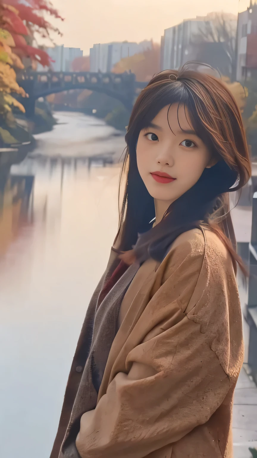 1girl standing on a bridge, looking out over a picturesque river with autumn foliage. The scene captures the beauty of fall with colorful leaves and a serene water view