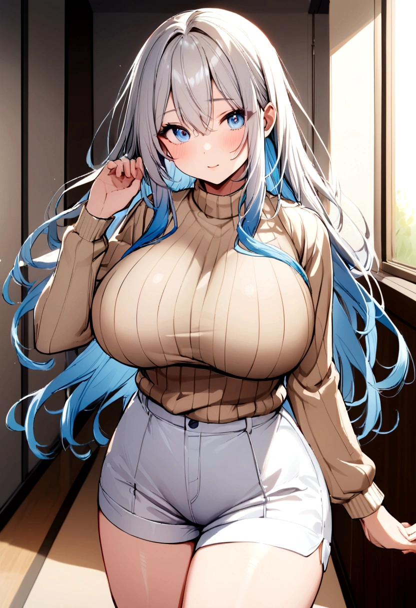  Girl with ???????????, Waist length hair, soft blue eyes,  beige sweater, white skirt shorts