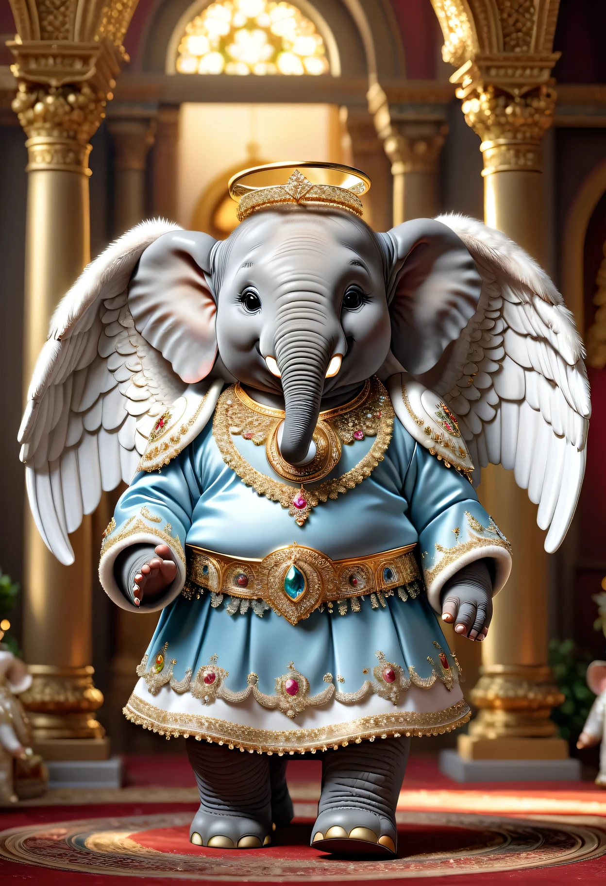 photorealistic portrait of Dressed animals-a ((fat))baby ((elephant)) angel,(furry), (elegant pose:1.5), (hands on hips:1.5),(smile:1.5),high quality,(angel wings),(lovely) ,intricate details, Wearing angel clothes , (angel's ring above head), highly detailed ((angel wings)) ,highly detailed decorations of clothes, angel boots , (happy), soft lighting,(full body image:2.0),holy temple background,clouds,score_9, score_8_up, score_7_up, score_6_up, score_5_up, score_4_up,