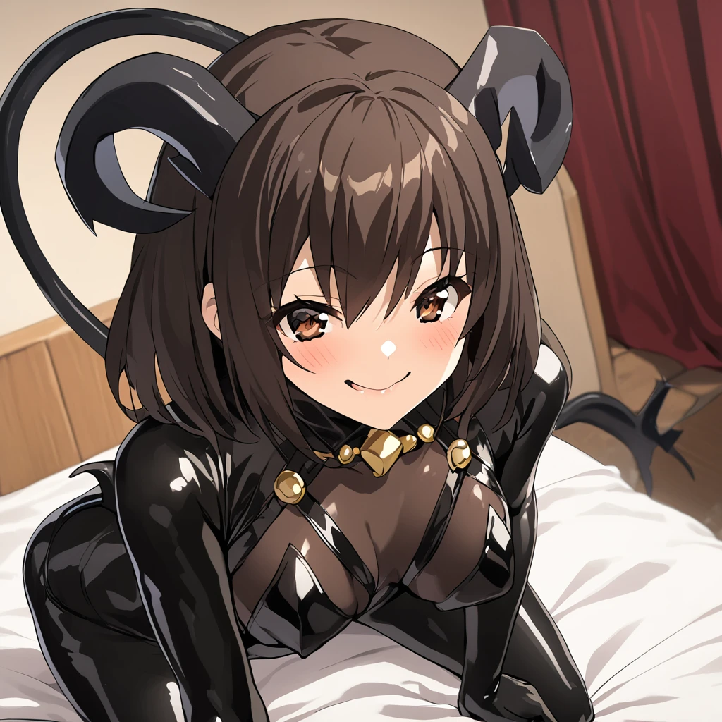 ((Highest quality)), ((masterpiece)), (detailed), (Perfect Face)、The woman is naked and wearing a shiny black full-body bodysuit decorated with gold, the sexy female demon, Devil Queen Haruhi Suzumiya、The woman is a female demon with magnificent devil horns, jet black devil wings and a jet black tail. She is looking at the camera with a happy expression, she is the demon Haruhi Suzumiya, she has short brown bob hair and the expression of a girl in love.、The Woman is Haruhi Suzumiya