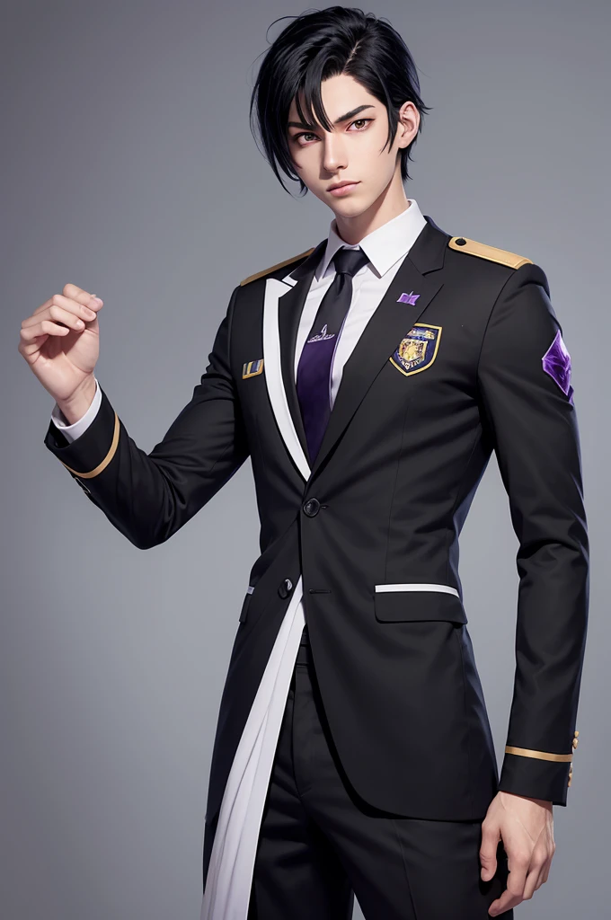 A tall boy with black hair, amethyst eyes wearing the UA academy uniform in the Boku no Hero art style