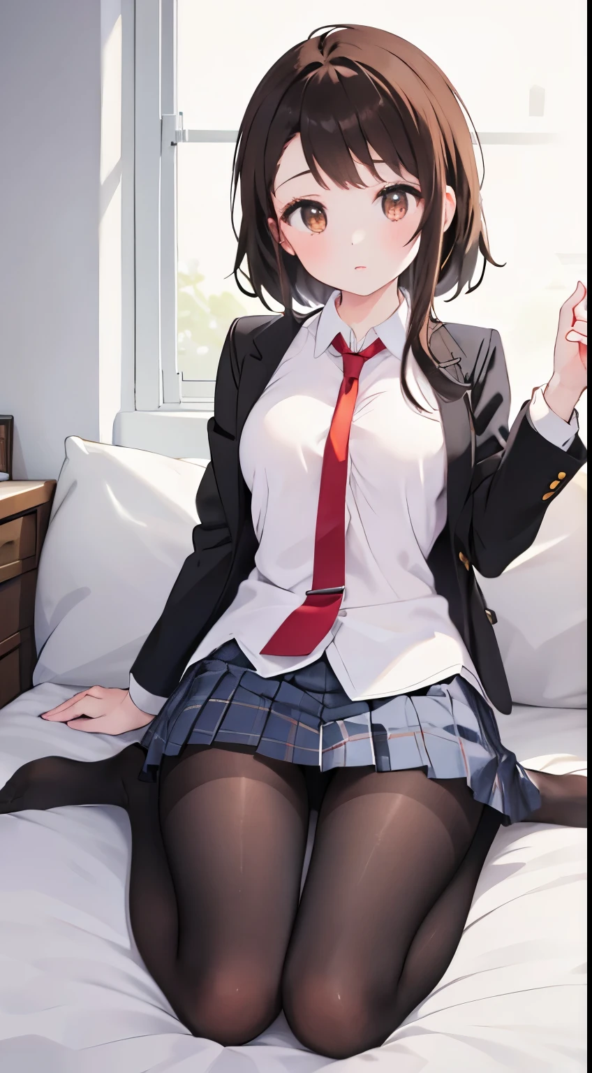 finest, masterpiece, High resolution, (Full body view from head to toe), Composition from slightly below the front, Symmetrical, 18 years old, slim and beautiful girl, alone, (small breasts), (not wearing shoes),Unkempt brown hair, bangs, (black tights), (black pantyhose), tied up with both arms hidden behind the back, , blush, shy big eyes, looking at camera, blazer uniform, plaid pleated skirt、Panties around ankles、Black knee-high socks、Spread your legs、Exposing the breasts、Bare your breasts、Panties around ankles、pussy big dildo