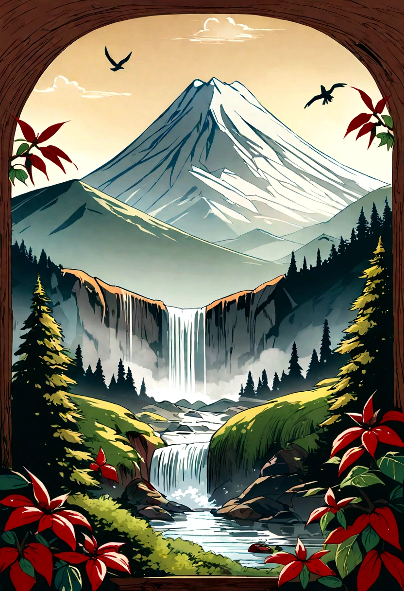 A mountain and tree silhouette with birds, created in a vector art style. The design is focused on realistic detailing, with an adventurecore theme. The brushwork is loose and free, mimicking the texture of wood. The image has a high level of realistic detail, resembling the aesthetics of Ferrania P30 film. Please generate the image without cropping, and exclude any mockup text. red chilis, basil, mt hood, waterfall