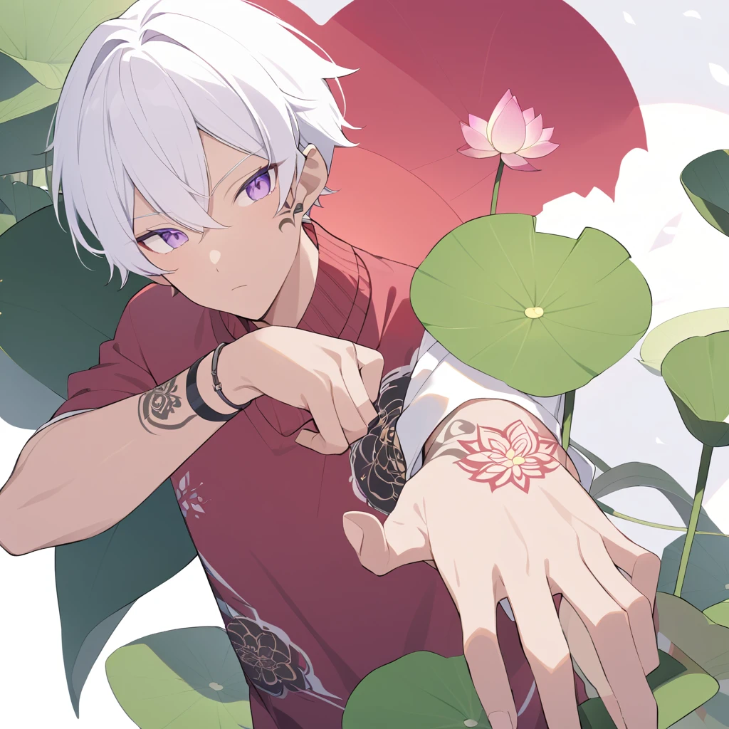 Character man white hair purple eyes meter 70 red sweater with black slim but agile complexion a tattoo on the right wrist of a small lotus flower covering only the thumb