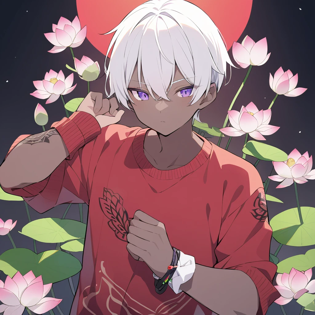 Character man white hair purple eyes meter 70 red sweater with black slim but agile complexion a tattoo on the right wrist of a small lotus flower covering only the thumb