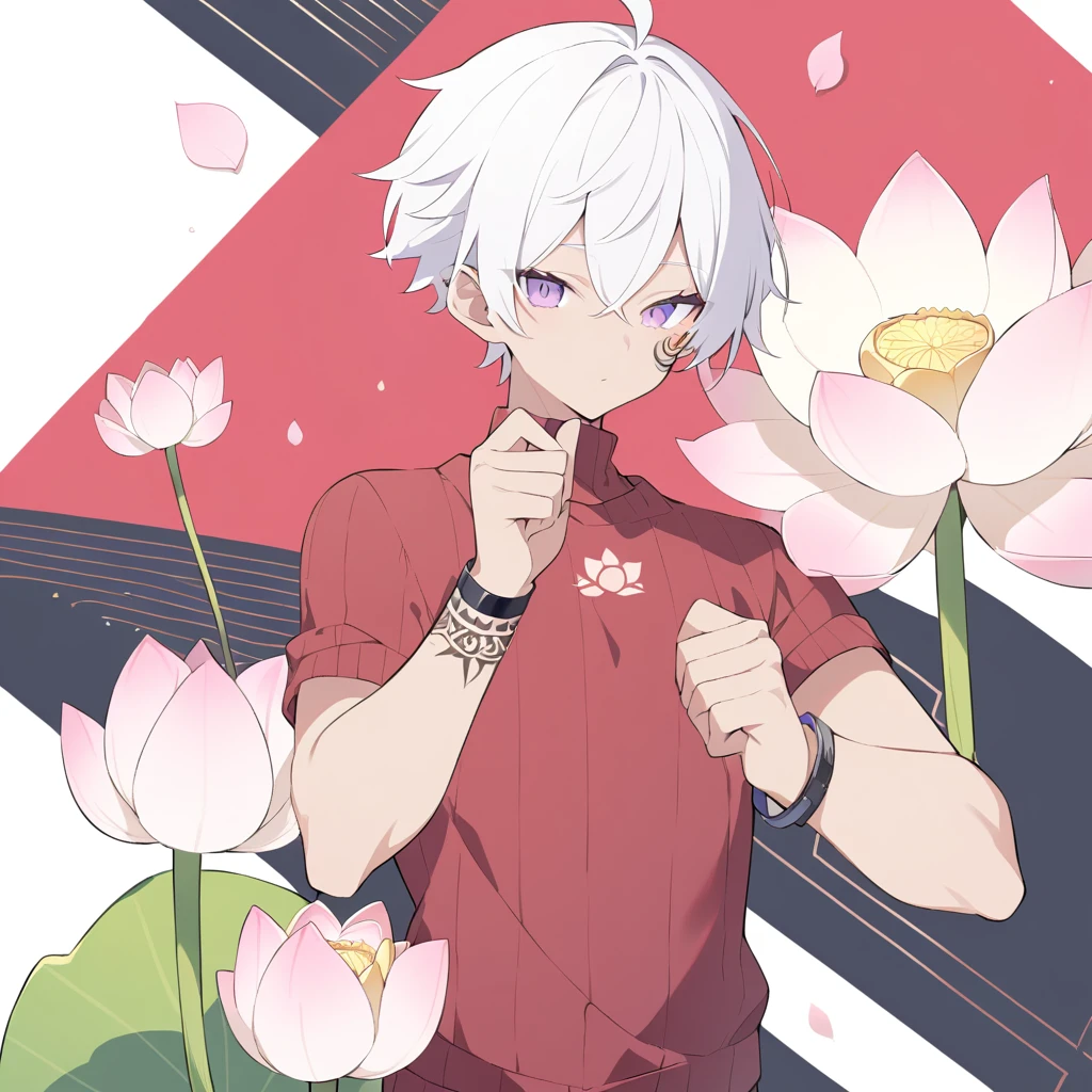 Character man white hair purple eyes meter 70 red sweater with black slim but agile complexion a tattoo on the right wrist of a small lotus flower covering only the thumb