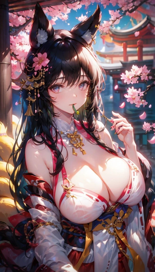 yae Miko, 1 girl, \n/, animal ears, bare shoulders, Blush, chest, cherry blossoms, gag, arms separated, earring, flower, fox ears, gem, hair between the eyes, decorationsผม, Raise your hand, Japanese clothes, decorations, kimono, long hair, look at viewer, medium chest, Miko, nontraditional Miko, ดวงตาpink, pink flower, ผมpink, purple gemstone, short kimono, Side lock, smile, alone, upper body, white kimono, ((Masterpiece)),rift, chestที่มองเห็นได้, โชว์chestของคุณของคุณ, เปิดchest,((bare breast:1.37)), I see bulging nipples.,(((large areolae:1.4,pink,The nipples are clearly visible.....)))