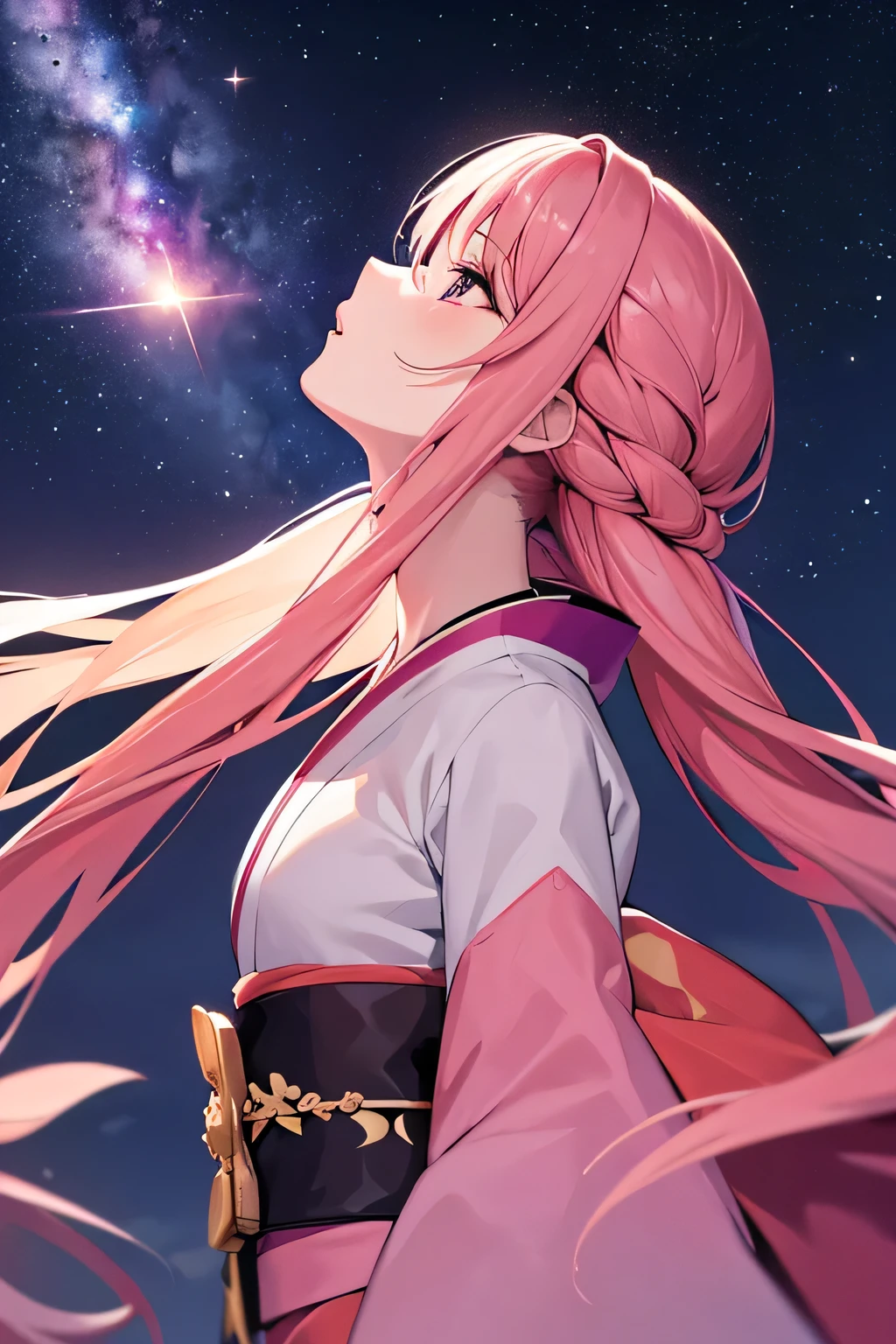 master piece,best quality,ultra-detailed,from side,upper body,(looking up:1.3),long hair,pink hair,magnificent panorama view,horizon,surrounded by stars and a meteor shower,with a comet,with a galaxy,girl wearing kimono
