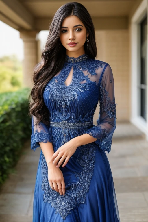 a woman in a blue dress standing on a brick walkway, elegant evening dresses!, Stunning elegant, dressed beautiful dress, flowy dress, fantasy long intricate dress, wearing an evening dress, fancy dress, soft and elegant dress, wearing an elegant dress, elegant dress, intricate dress, beautiful dress, long dress, * * *, romantic dress, intricate dress largo y fluido