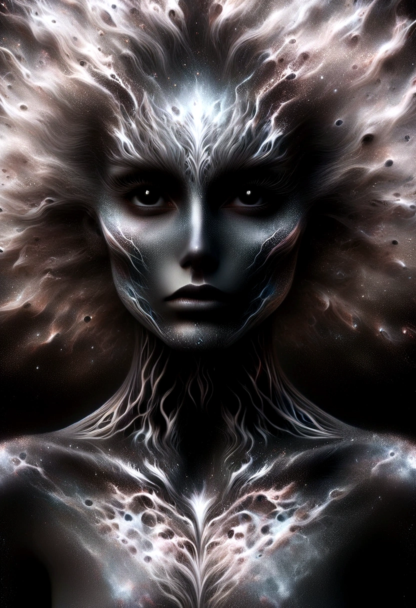 "Create a captivating scene where a stunning woman, her eyes sparkling with intelligence and grace, stands before a mesmerizing display of Ferrofluid. The dual masks she wears, a blend of protection and style, add an intriguing layer to her enigmatic presence. As she delicately interacts with the Ferrofluid, it responds to her touch, forming elegant, fluid patterns that mirror her movements. This composition captures the harmonious fusion of science and beauty, highlighting the importance of safeguarding both our health and our aesthetic expression in today's world."
