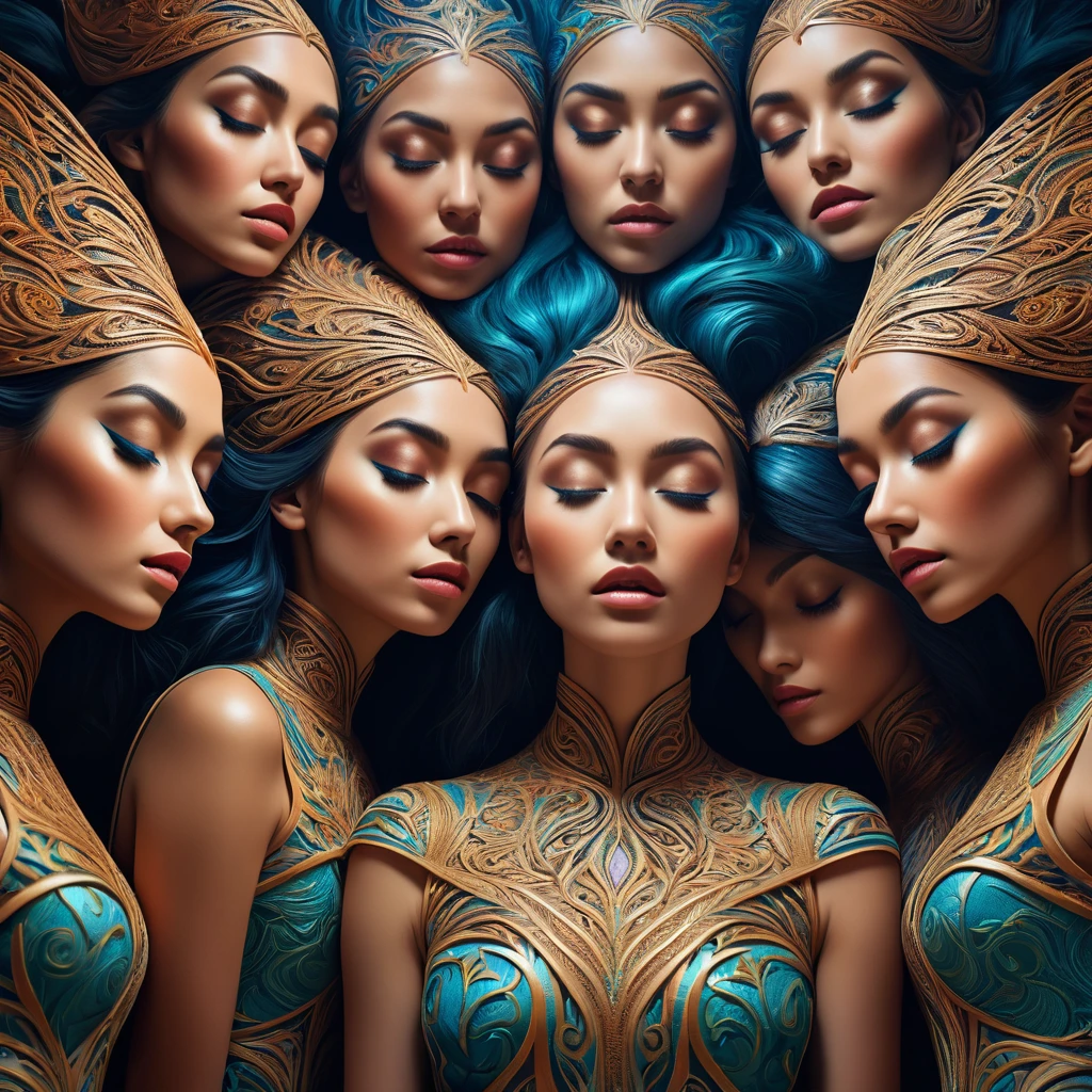 a group of beautiful women, one woman with her eyes closed, optical illusion, surreal, intricate, highly detailed, photorealistic, cinematic lighting, dramatic shadows, vibrant colors, intricate patterns, (best quality,4k,8k,highres,masterpiece:1.2),ultra-detailed,(realistic,photorealistic,photo-realistic:1.37),cinematic composition,dramatic lighting,moody atmosphere,mesmerizing,surreal,dreamlike,intricate details,visually striking,captivating