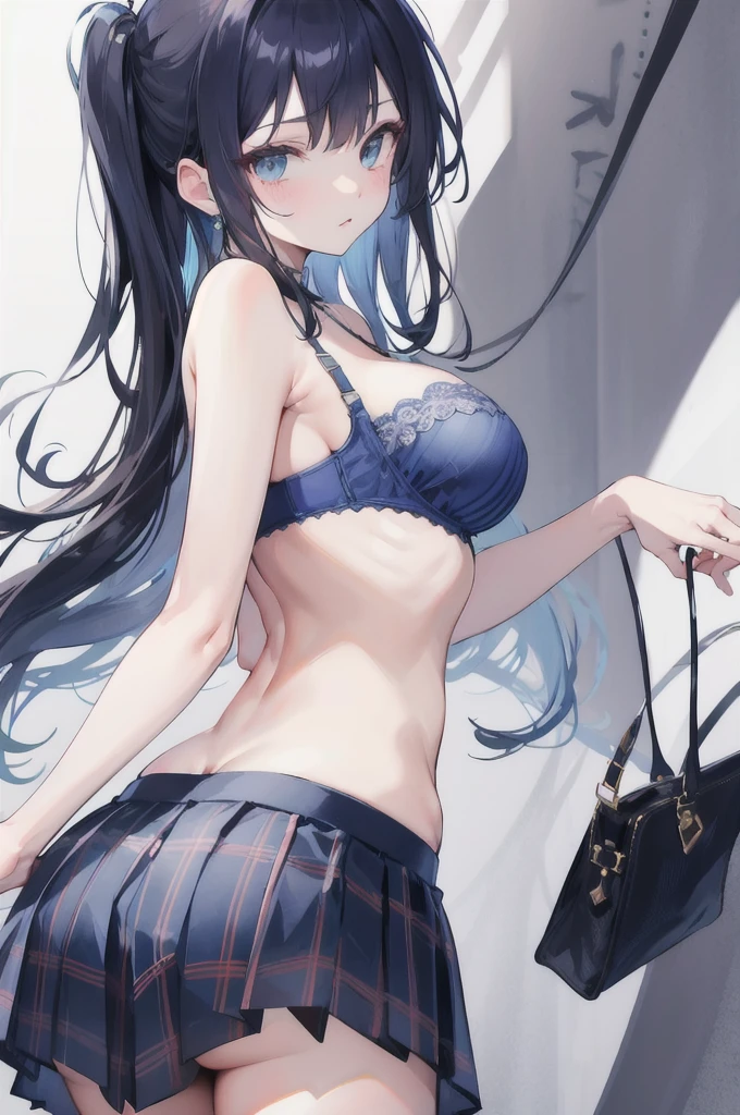 10th Generation,A beautiful woman,Beautiful buttocks,Moe,Stylish light blue bra,Pleated skirt with dark blue plaid pattern,Stylish light blue satin panties,Black long hair,Show your ass