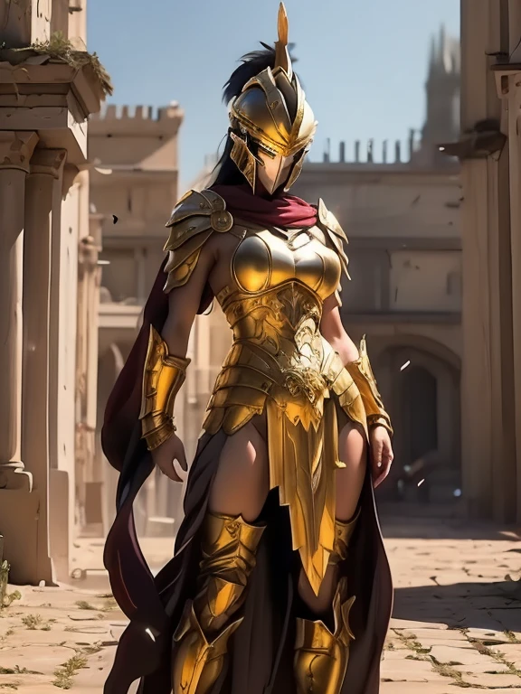 beautiful warrior woman in golden greek armor, porfect human face detailed,  Jet black hair, hoplite helmet, muscular, huge naked breasts, I look at the viewer, foreground, model photo poses, work of art, best qualityer, 8K, nblurry background, medieval fantasy castle in the background