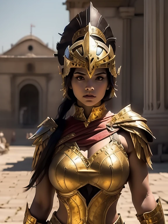 beautiful warrior woman in golden greek armor, porfect human face detailed, Jet black hair, hoplite helmet, muscular, huge naked breasts, I look at the viewer, foreground, model photo poses, work of art, best qualityer, 8K, nblurry background, medieval fantasy castle in the background