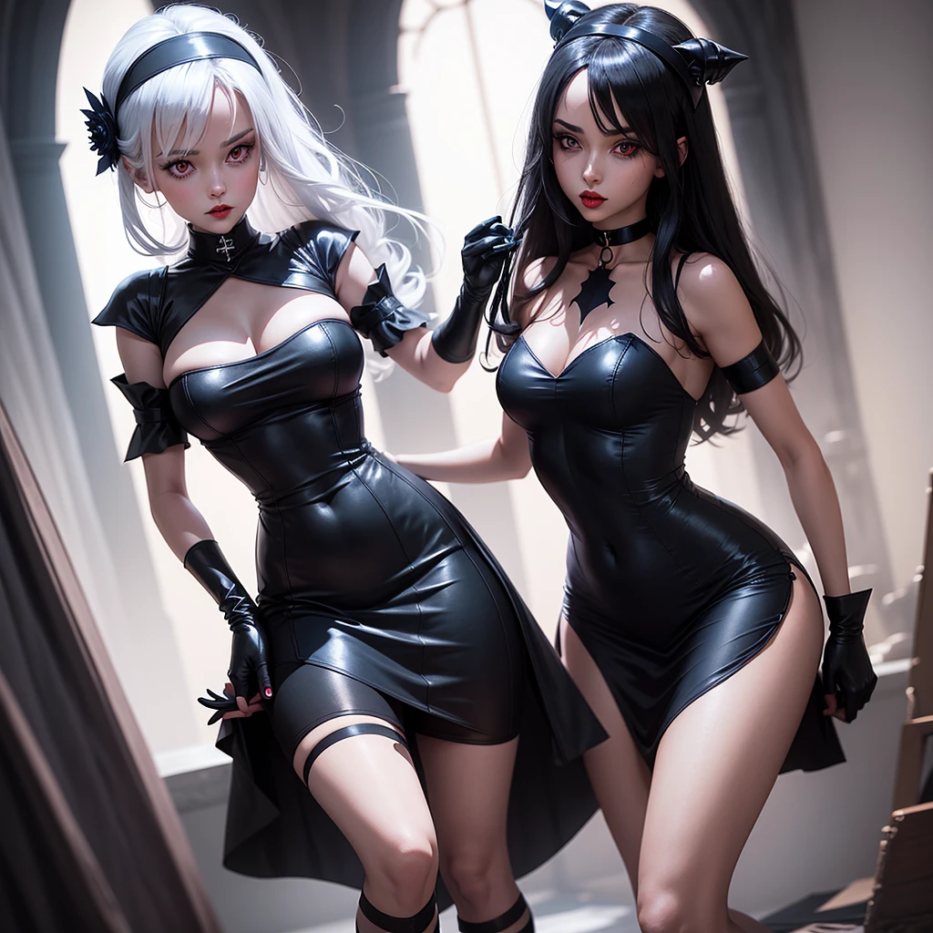 woman in white tight knee-length dress, red eyes, blue lips, black gloves, black choker, black headband, black stockings, blue grimoire
