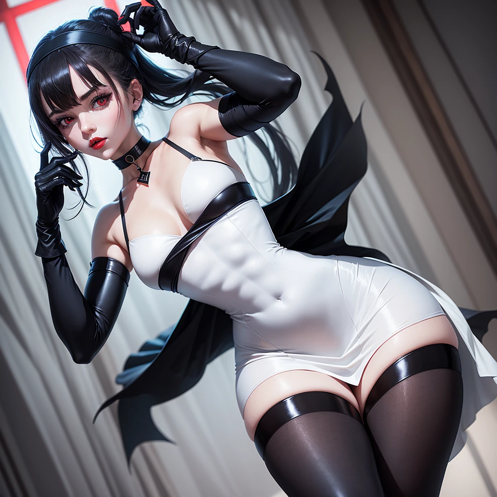 woman in white tight knee-length dress, red eyes, blue lips, black gloves, black choker, black headband, black stockings, blue grimoire