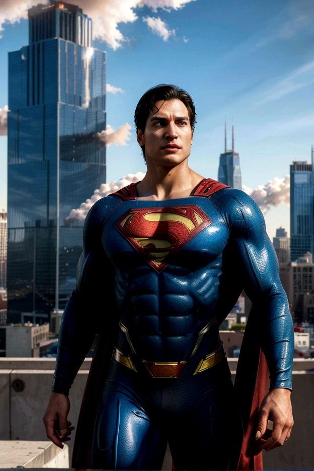 (highres, realistic:1.37), Superman flying over a bustling city, vibrant colors, detailed cityscape, detailed clouds, strong backlighting, heroic pose, cape fluttering in the wind, iconic "S" logo, tall skyscrapers, busy streets, moving vehicles, shiny glass windows, transparent buildings, futuristic architecture, people looking up in awe, dynamic composition, powerful energy radiating from Superman, intense focus on Superman's face, determined expression, confident stance, billowing smoke, realistic textures, shadows and highlights emphasizing depth, realistic city lights, dramatic sunset sky, cinematic feel, iconic superhero