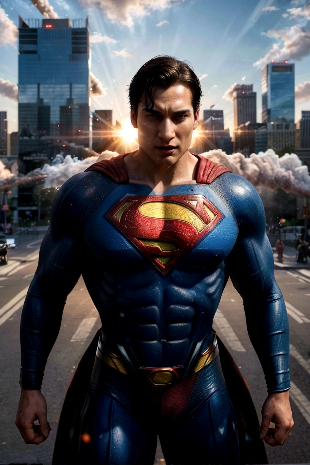 (highres, realistic:1.37), Superman flying over a bustling city, vibrant colors, detailed cityscape, detailed clouds, strong backlighting, heroic pose, cape fluttering in the wind, iconic "S" logo, tall skyscrapers, busy streets, moving vehicles, shiny glass windows, transparent buildings, futuristic architecture, people looking up in awe, dynamic composition, powerful energy radiating from Superman, intense focus on Superman's face, determined expression, confident stance, billowing smoke, realistic textures, shadows and highlights emphasizing depth, realistic city lights, dramatic sunset sky, cinematic feel, iconic superhero