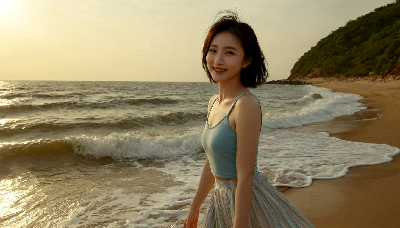 sunset on the beach，바다에 잔광이 비치네sunset on the beach 붉은 태양，A strong lingering scent is reflected in the sea., Beautiful 36-year-old short Korean woman, Chest size 34 inches, Wear sleeveless, light skirt. beautiful pretty woman look , wearing a light skirt , Go far into the sea water and dip your toes., Short medium hair blowing in the wind, 1 short woman, beautiful eyes, a little smile, Full-body photo taken from afar with a wide-angle lens, The background is clean and perfect., waves moved by the wind, best high definition, The facial contour is perfect. Put your hands together in front